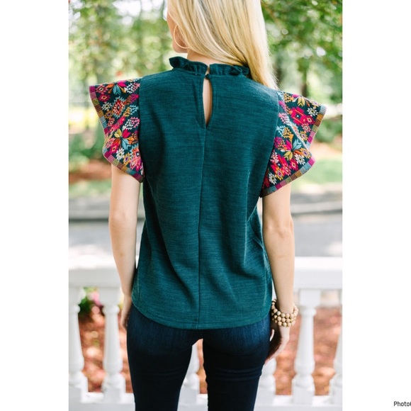 THML It's All You Teal Blue Embroidered Blouse Size XS - Picture 3 of 9